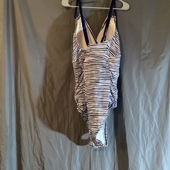Time and Tru One Piece Blue and White Criss Cross Back Bathing Suit - Picture 3 of 3